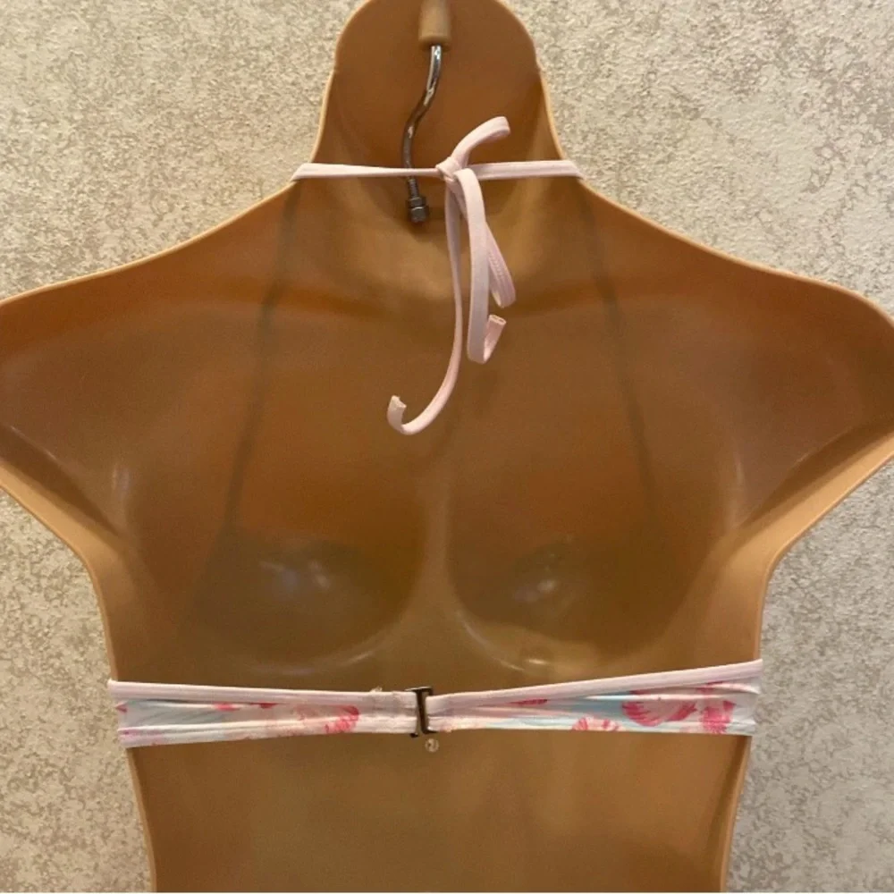 Hollister Light Blue & Pink Floral Halter Bikini Top with Center Bow